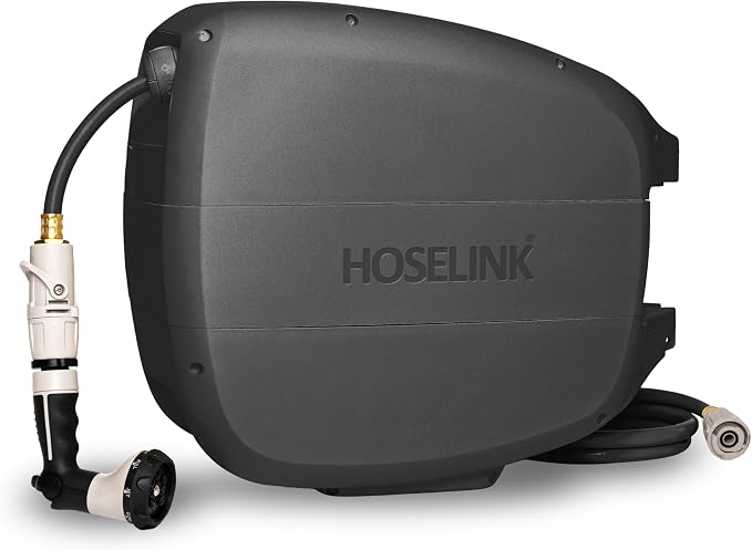 HOSELINK 100ft Evolve Charcoal Retractable Garden Hose Reel, NEW Heavy Duty, Automatic Rewind, Lock Anywhere, 180 Degree Swivel, Wall Mounted Watering Solution for yard and outdoors (100ft)