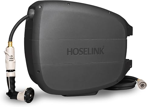 HOSELINK 90ft Hi-Flow Evolve Charcoal Retractable Garden Hose Reel, NEW Heavy Duty, Automatic Rewind, Lock Anywhere, 180 Degree Swivel, Wall Mounted Watering Solution for yard and outdoors