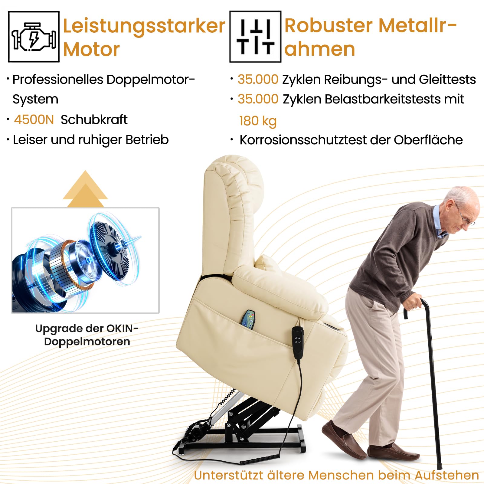 DUANDUAN 2 Motoren Relaxsessel Elektrisch mit Liegefunktion, Massagesessel Fernsehsessel mit Aufstehhilfe, 180° Verstellbar, Beige