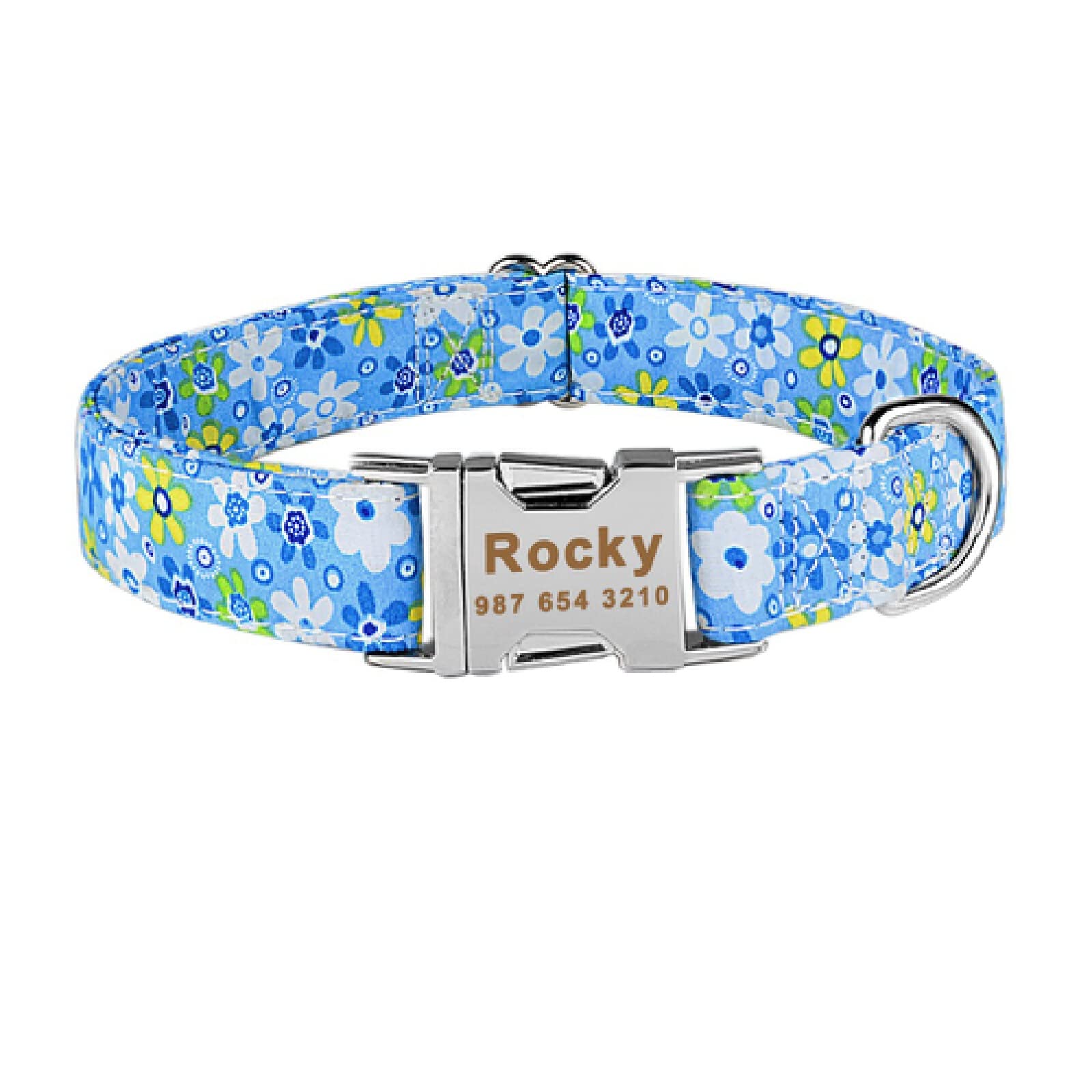 Collier nom gravé chien nylon réglable personnalisé fleurs