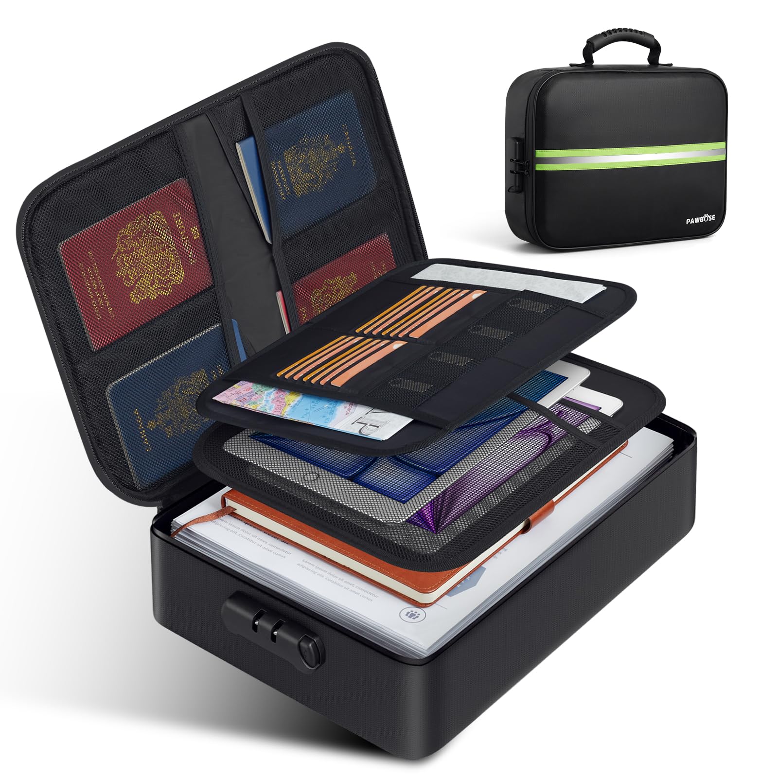 PAWBOSE Caja Fuerte Ignífuga con Cerradura, Bolsa para Documentos Ignífuga, Tarjeta, Certificado Importante con Organizadora de Varias Capas, Bolsa de Documentos para el hogar Oficina Viajes