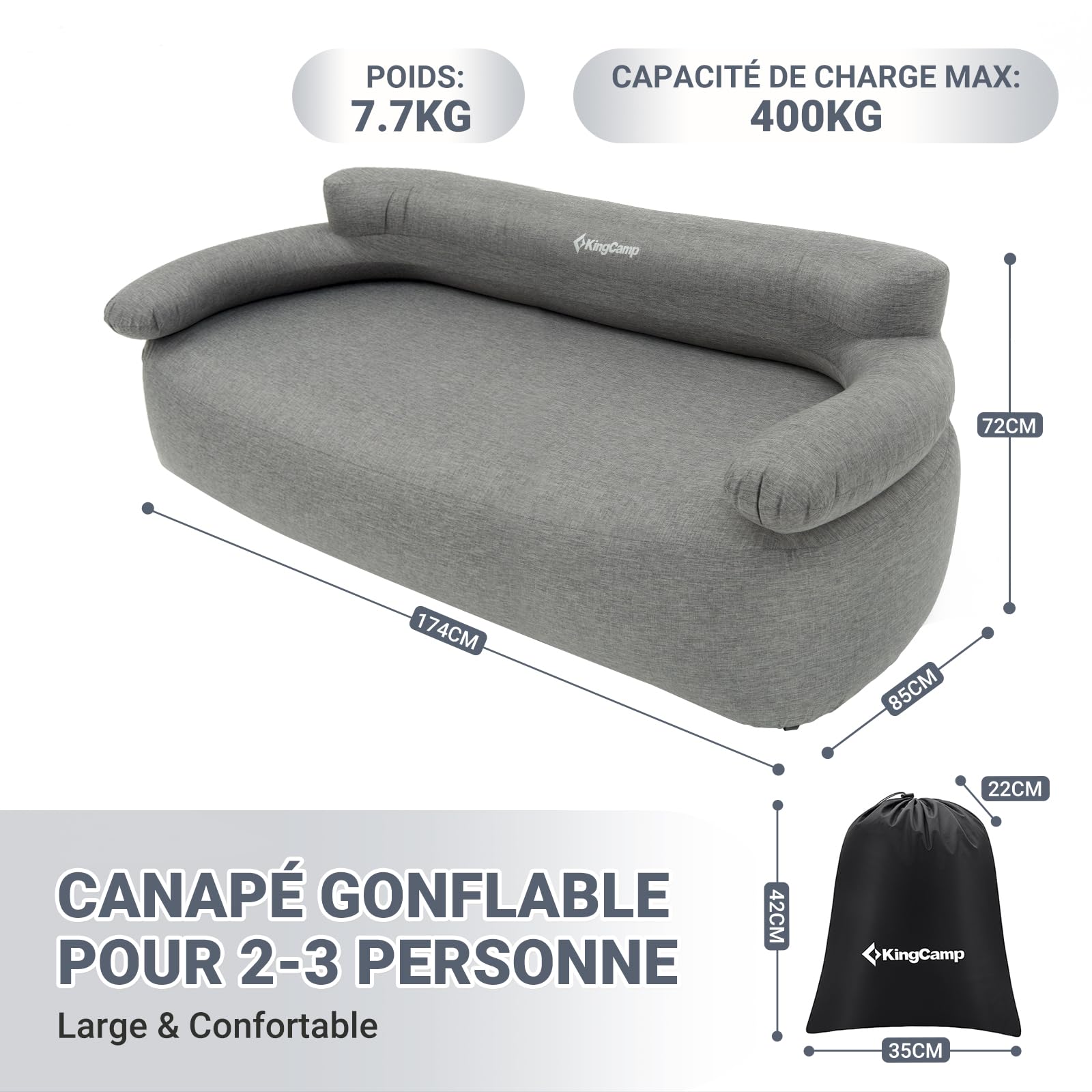 KingCamp Canapé gonflable pour l'extérieur, le camping, le camping - Avec accoudoirs - Canapé gonflable - Pour l'intérieur, l'extérieur, les fêtes, les voyages, la plage