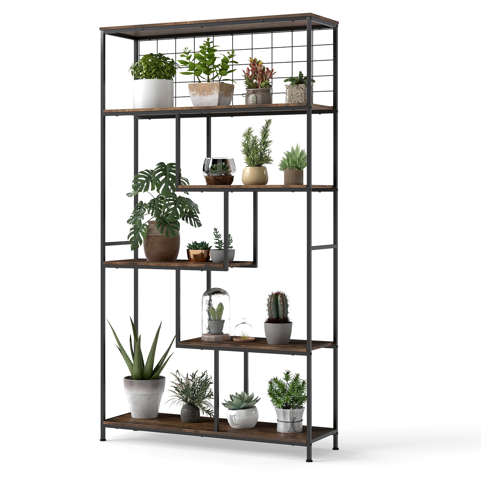 COSTWAY Regał na kwiaty i książki 6 poziomów metalowy z pergolą 100x30x180 cm brązowy