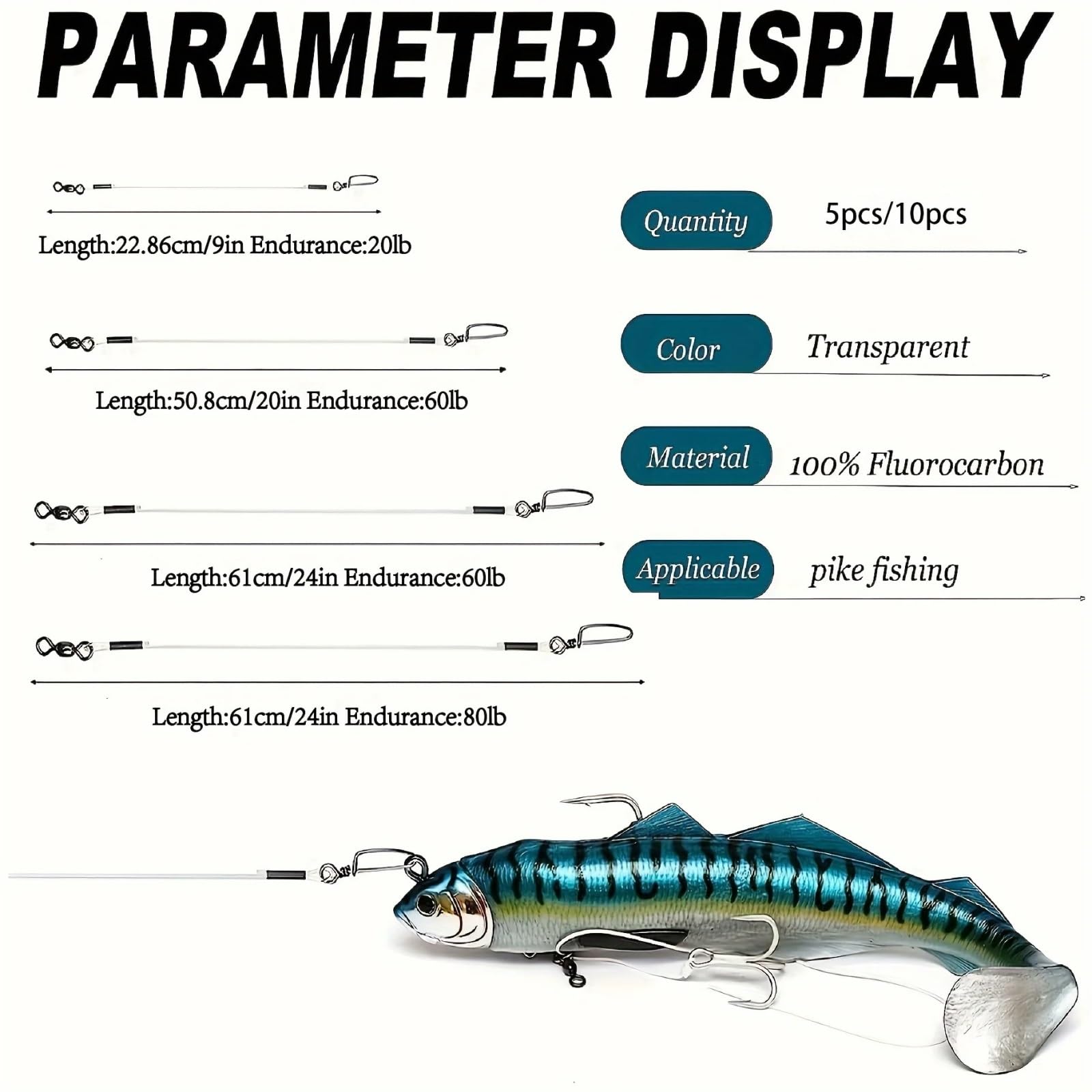 Leader da Pesca in Fluorocarbonio, 20LB-80LB | Leader in fluorocarbonio for acqua salata e acqua dolce, linea di leader in fluorocarbonio con girelle