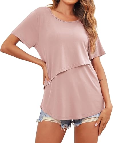 Miniatura 2 de Ekouaer Camisetas de maternidad para mujer, manga corta, paquete de 3 camisetas de lactancia materna de doble capa, ropa de embarazo, tallas S-XXL