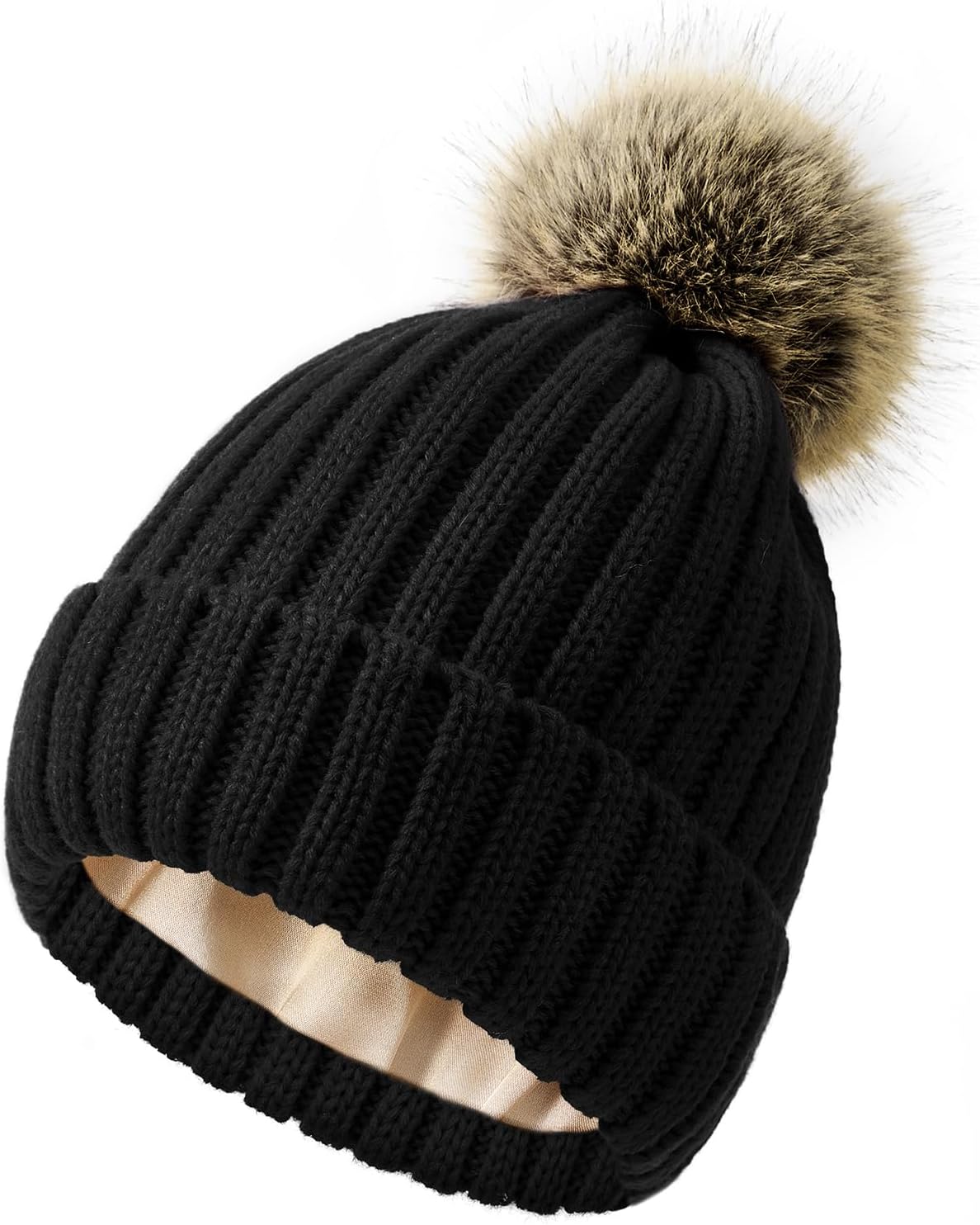 Satin Lined Beanie for Women Knit Winter Hats Silk Lined Womens Beanie with Detachable Pom Pom
