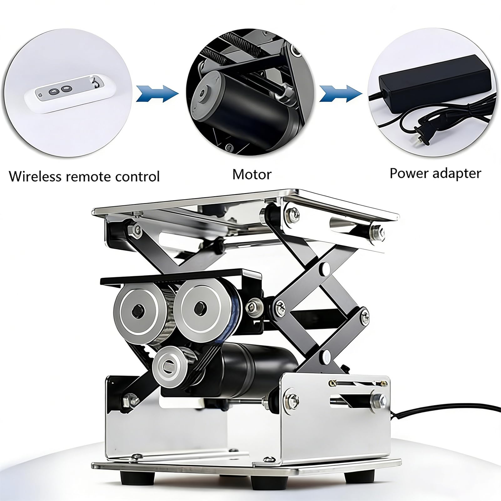 Gato de tijera eléctrico, mesa de laboratorio ajustable de acero inoxidable y soporte de muestras, control remoto, capacidad de carga de 10 kg para uso en laboratorio, plataforma de 200 x 200 mm