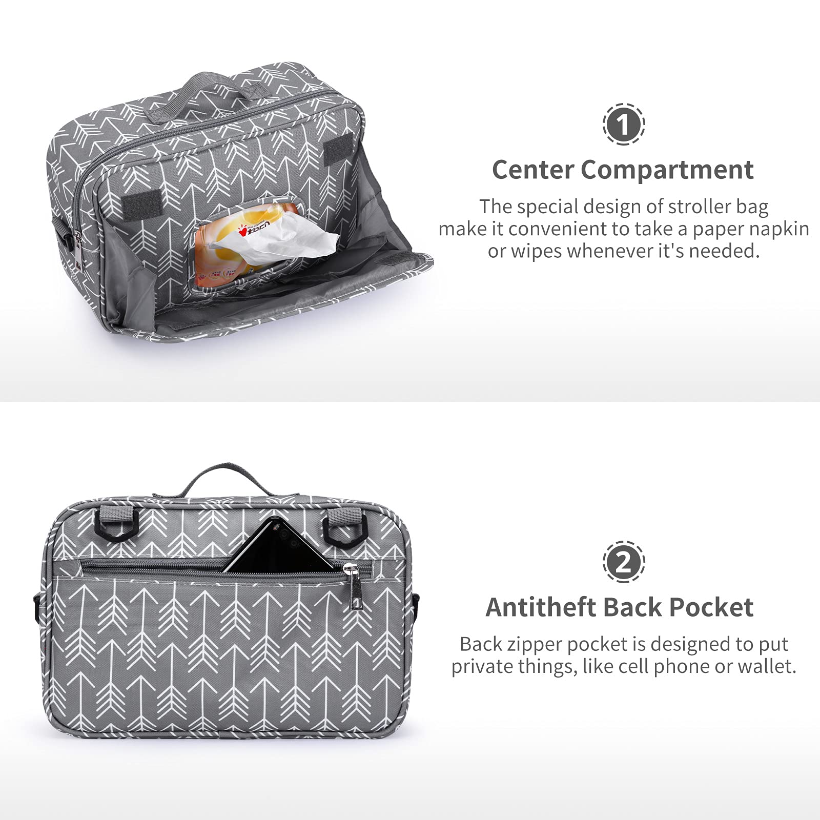 Organizer universale per passeggino con tasca isolata, per pannolini, giocattoli e snack, grigio scuro