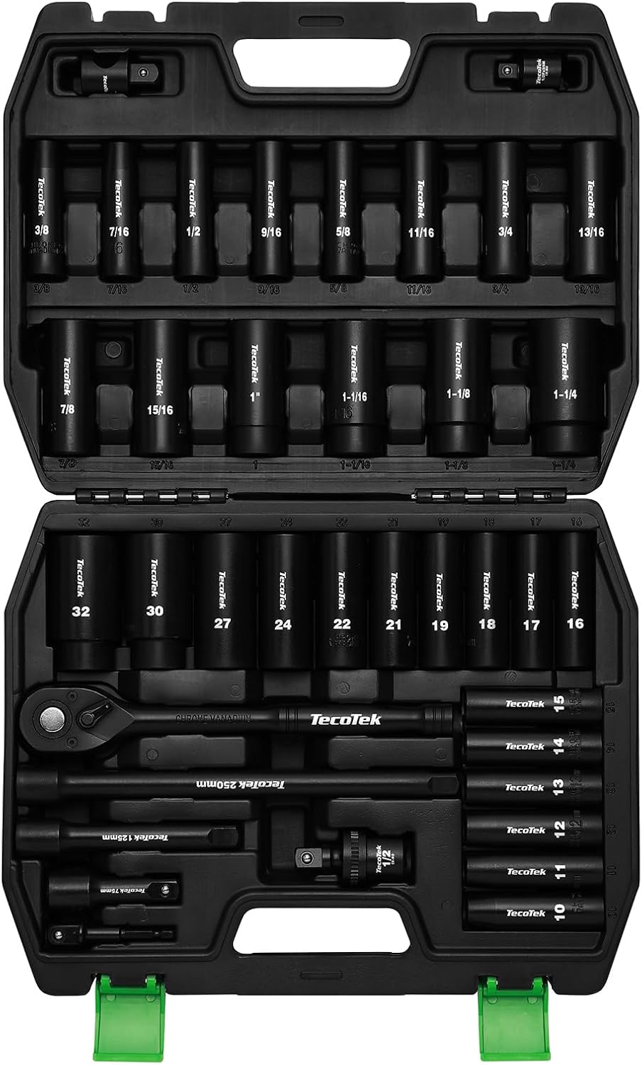 TecoTek 1/2" Drive Deep Impact Socket Set, 38-Piece Socket Set SAE 3/8 to 1-1/4 inch and Metric 10-32mm Size, Includes Extension Bars, Universal Joint, Adapter and Ratchet Handle, 6 Point, Cr-V Steel