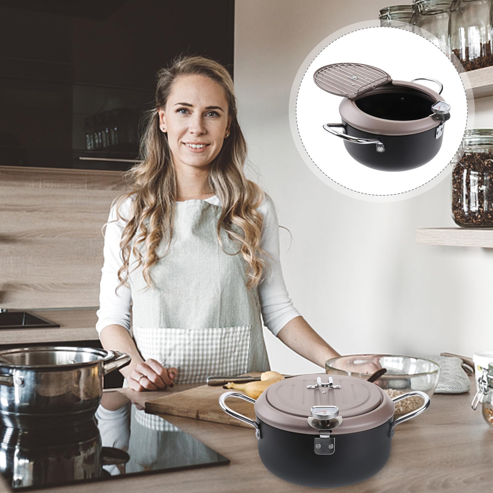 POPETPOP Freidora Japonesa Termómetro y Filtro de Aceite Sartén Profunda Anti-Salpicaduras con Tapa y Rejilla para Escurrir Utensilio para Freír Cocina de Gas y Eléctrica