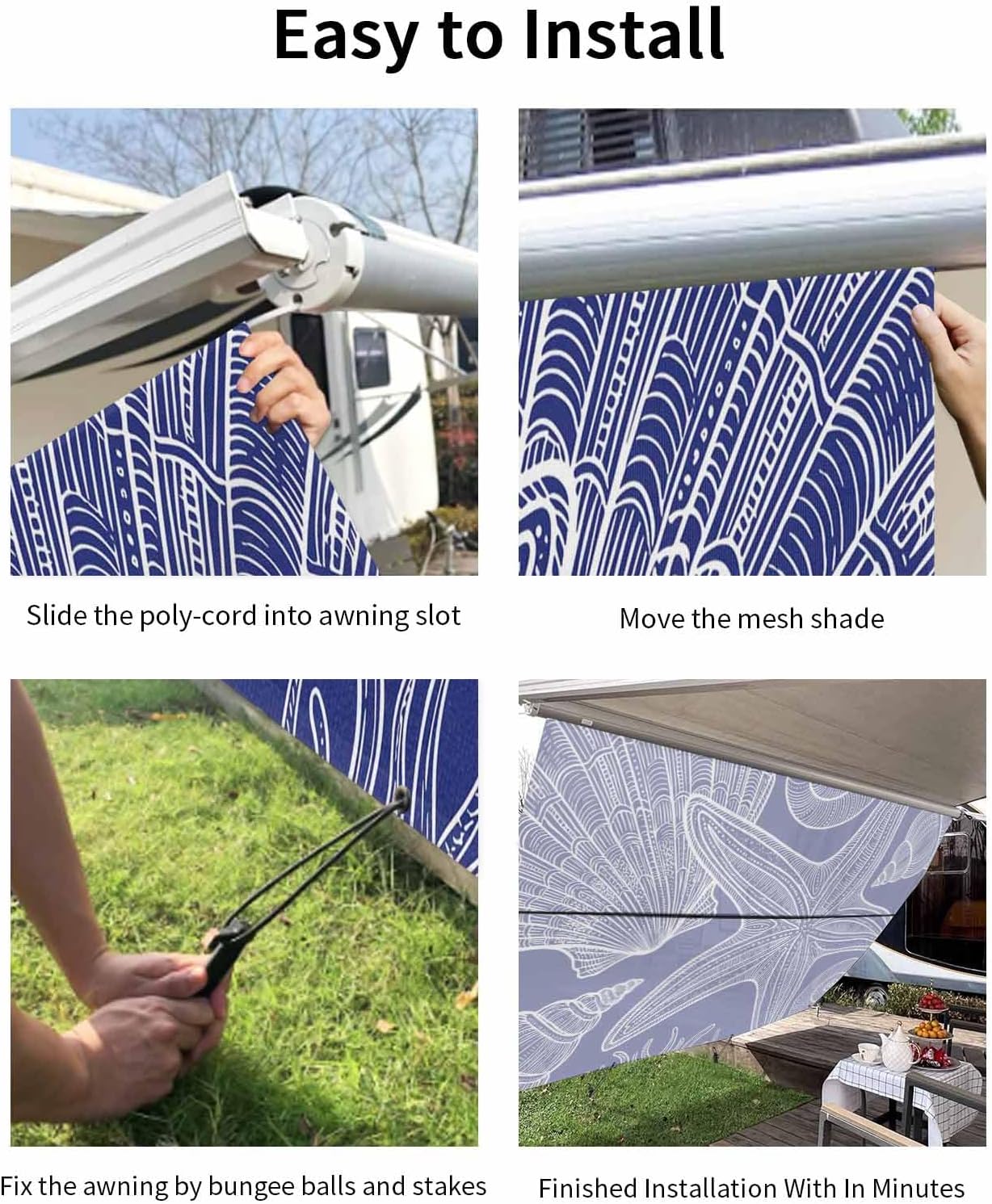 Navy Blue Summer RV Awning Sun Shade Screen with Zipper 9'x7' Ocean Seashell Starfish Nautical Boho Mesh Sunshade UV Blocker Awning Shade Complete Kits for Motorhome Camper Travel Trailer Canopy