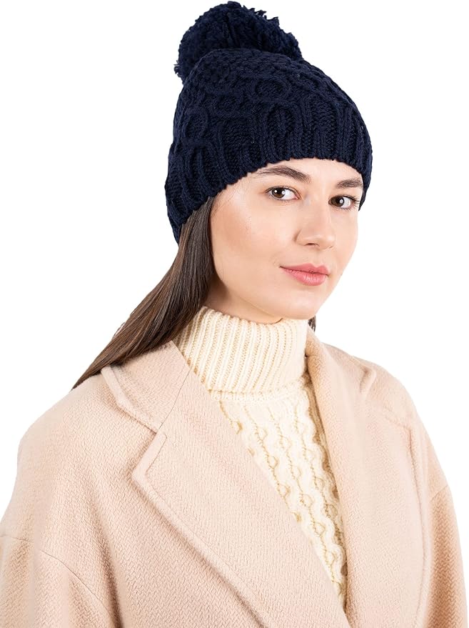 SAOL - 100 % Laine Mérinos - Bonnet Irlandais En Tricot Torsadé - Bonnet Pour Homme, Bleu Marine, Taille Unique