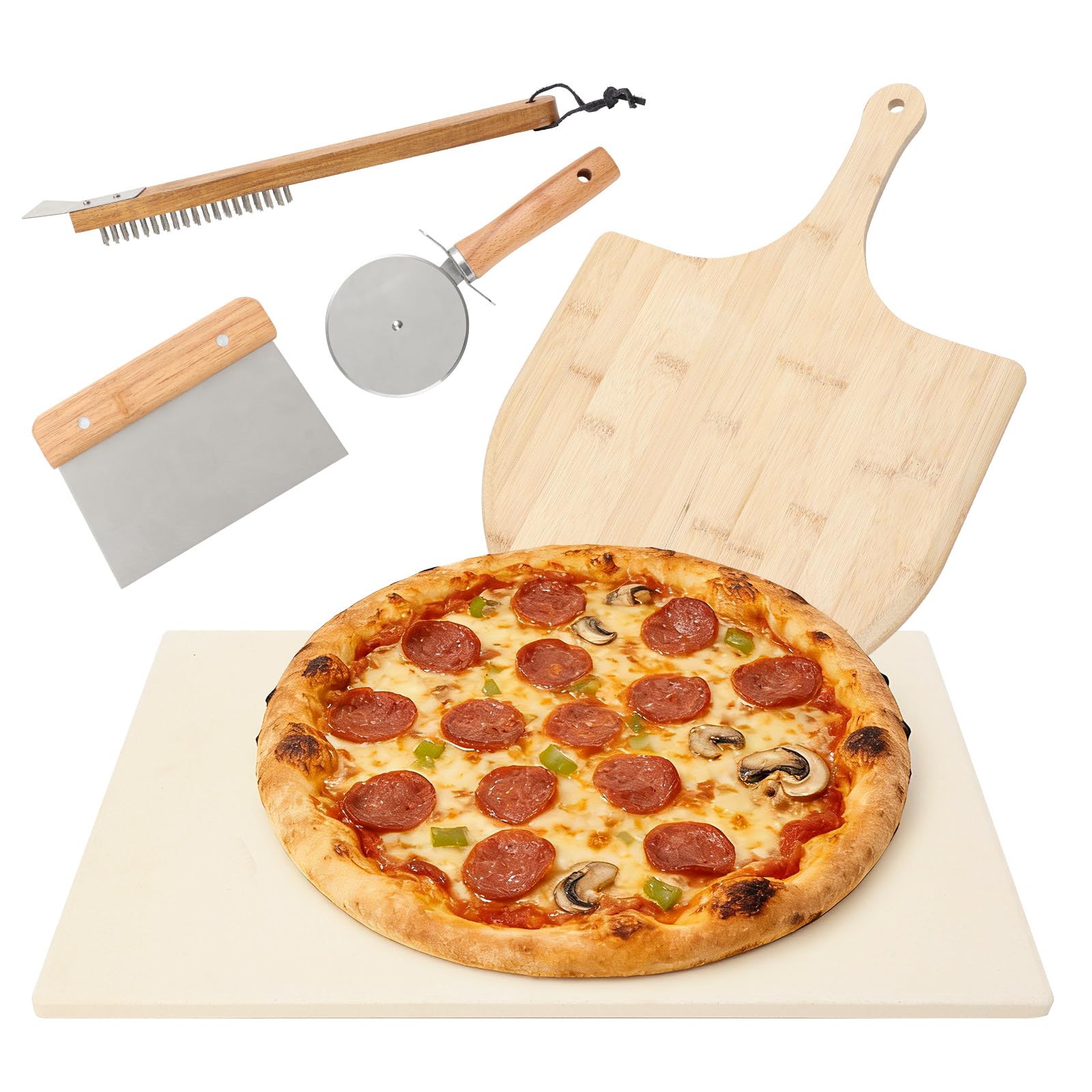 Juego de 5 piedras para pizza para horno y parrilla, herramientas para hacer pizzas con piedra de hornear de 37,5 cm, pala para pizza, cortador de pizza con rueda, cepillo para horno, raspador, para