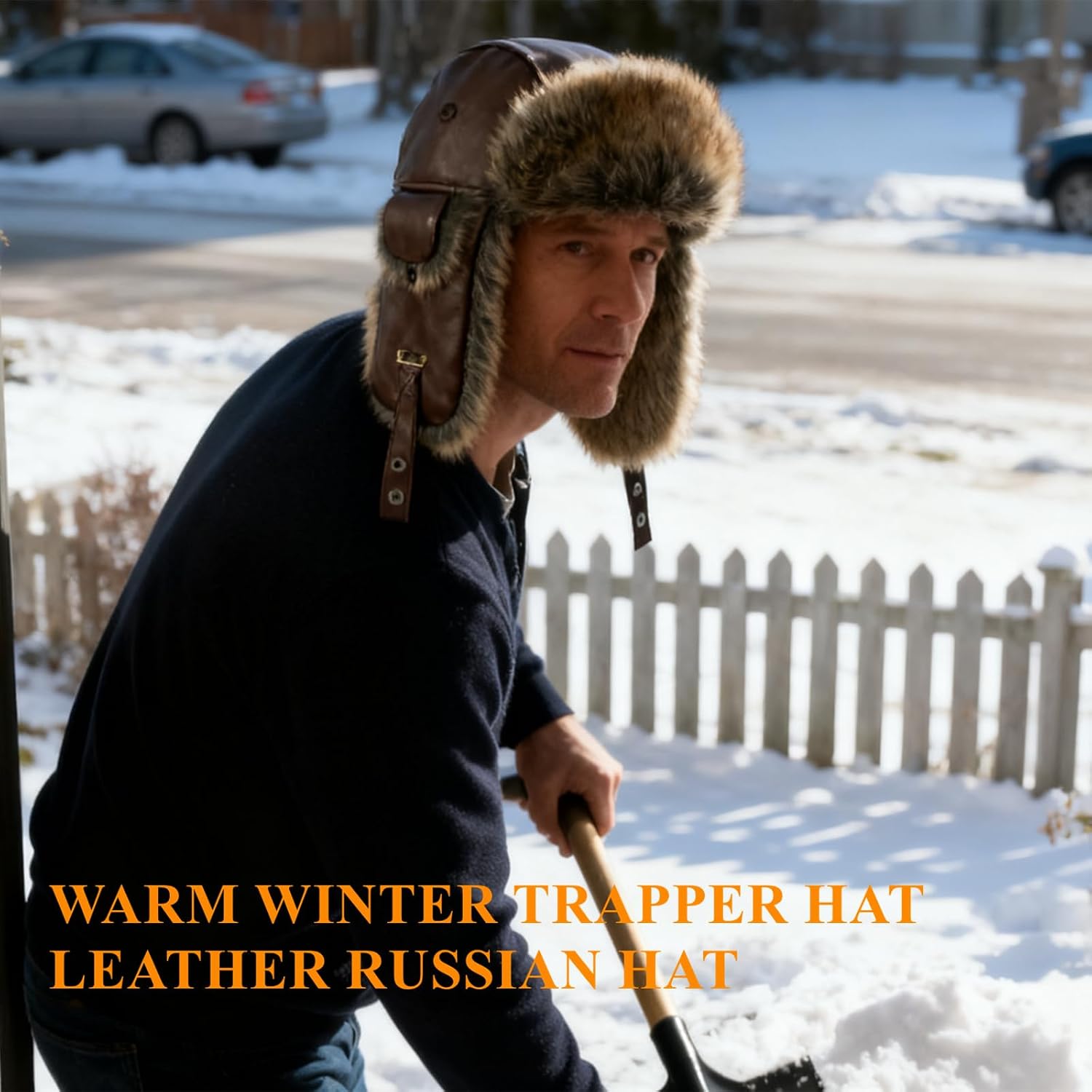 HEYANN Winter Leather Trapper Hat with Ear Flaps Faux Fur Russian Ushanka Aviator Hat Warm Hunting Ski Hats for Men Women