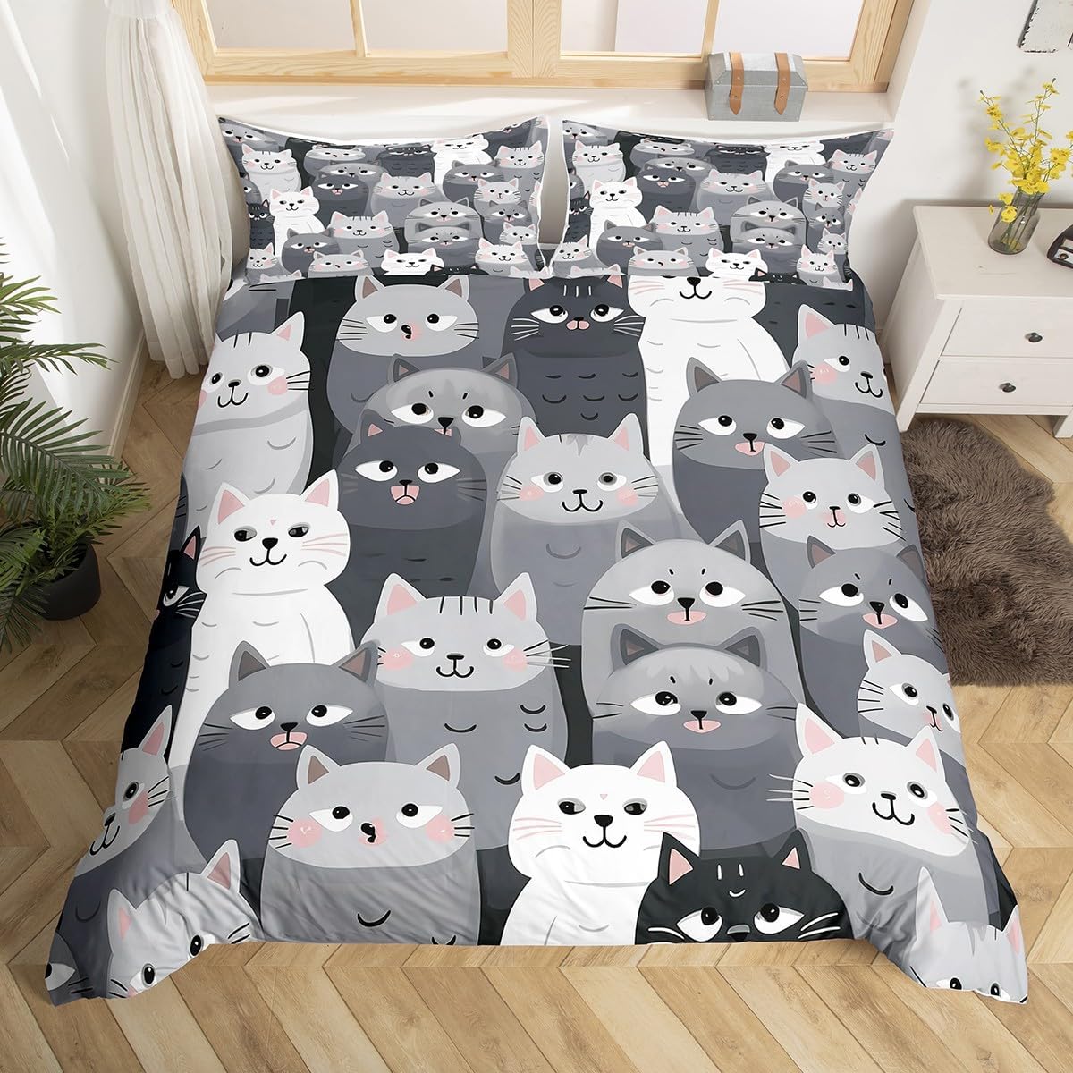 Feelyou Cats Comforter Cover Grey and White Cats Bedding Set Pet Pattern Duvet Cover for Kids Boys Girls Cat Lover's Bedroom Decor 3D Animal Theme Room Decor Bedclothes King Size (No Comforter)