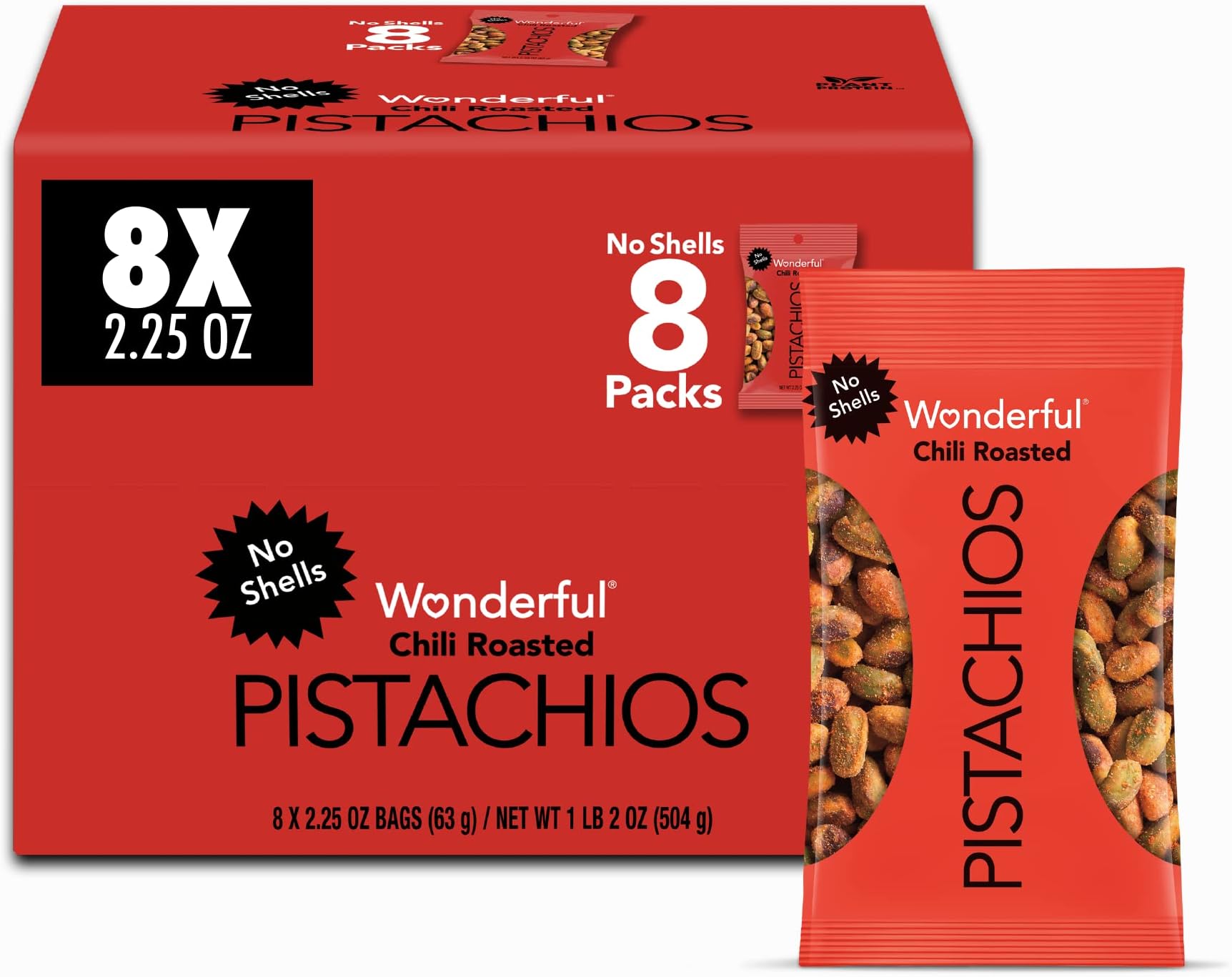 Wonderful Pistachios No Shells, Chili Roasted Nuts, 2.25 Ounce (Pack of 8), Protein Snacks, Gluten Free, Pantry Staples, Healthy Office Snacks