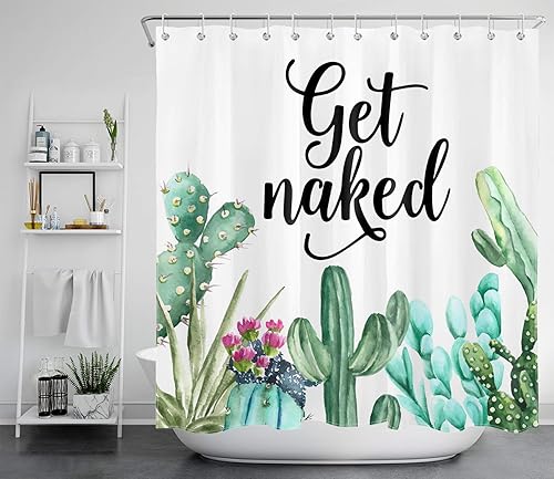 Vista 2 de LB Get Naked - Juego de cortinas de ducha de cactus con citas divertidas, plantas tropicales suculentas, verdes, acuarela, flores de cactus