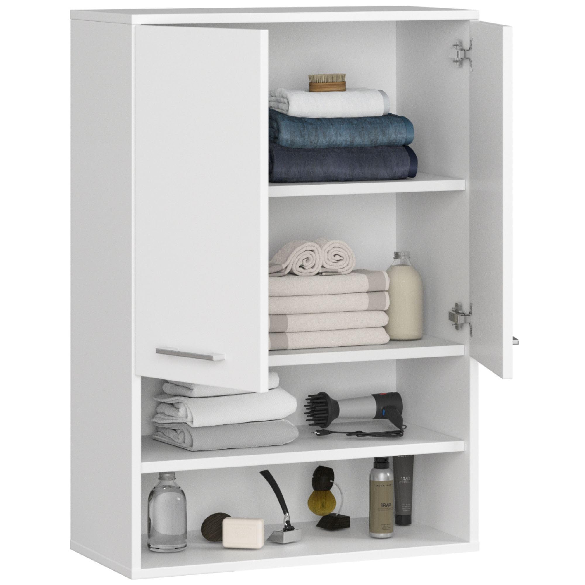 AKORD Badezimmer-Hängeschrank FIN 64 cm 2 Türen 2 Regalböden 2 offene Fächer B64xH94xT30 cm - mit Ablagen - Badschrank, Wandmontiert Gewicht 8,10kg Weiß & Weiß