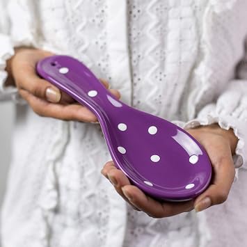 City to Cottage Spoon Rest for Stove Top, Large Ceramic Spoon Holder for Kitchen Counter, Cooking Utensil Rest for Countertop, Handcrafted Spoon Rest for Ladle, Spatula Purple Polka Dot