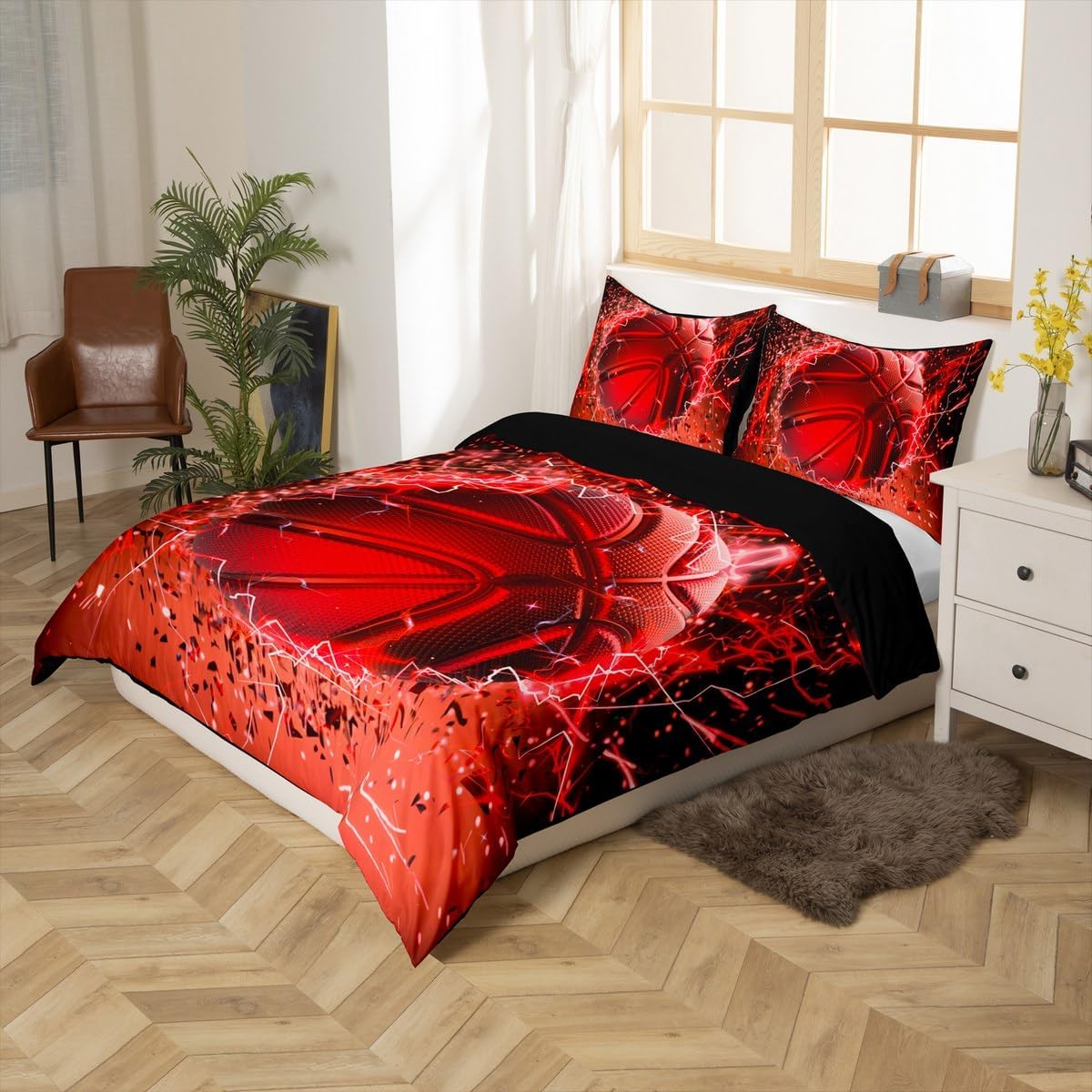 Castle Fairy Basketball King Size Duvet Cover Adults,3D Basketball Print Ball Game Comforter Cover with Pillowcases,Sports Theme Lightning Red Ultra Soft Bedspread Decorative Quilt Cover,No Comforter