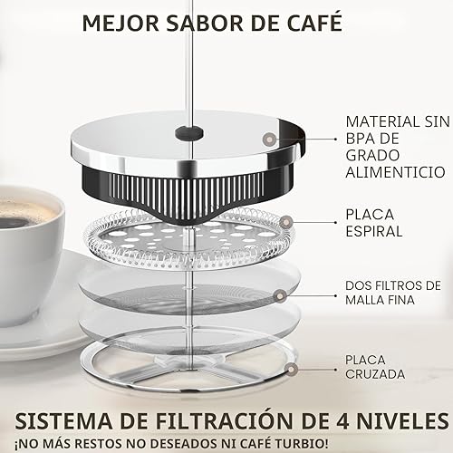 Miniatura 3 de Cafe Du Chateau Cafetera de prensa francesa de acero inoxidable de 34 onzas, prensa de café aislada fácil de usar con filtración de 4 niveles