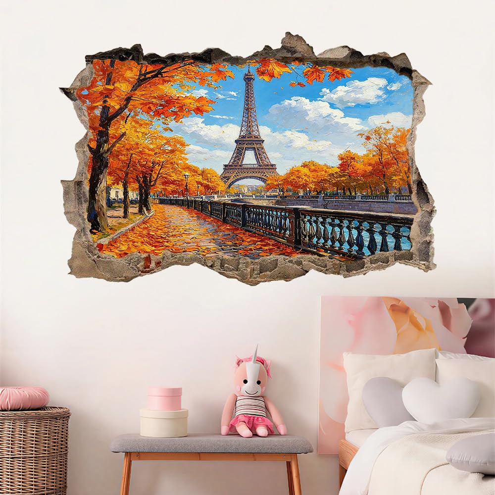 3D Wandtattoo I Wandbild Eiserner Turm Wandaufkleber I Wandsticker Durchbruch Herbstlandschaft Entlang Der Straße Poster Fensterblick I Wand Deko Aufkleber für Wohnzimmer Schlafzimmer Türaufkleber