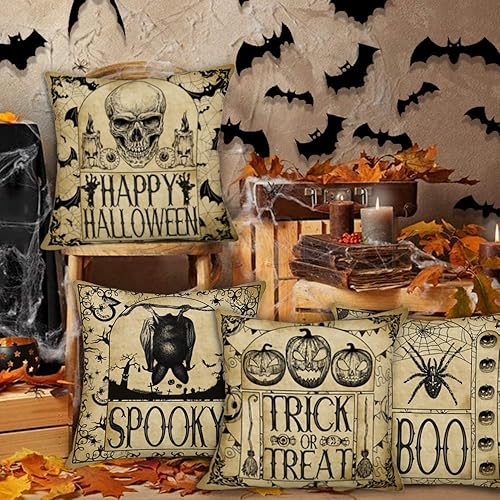 Miniatura 2 de Juego de 4 fundas de almohada vintage de Halloween de 18 x 18 pulgadas, diseño gótico espeluznante de Halloween, diseño de araña, calabaza, 31 de