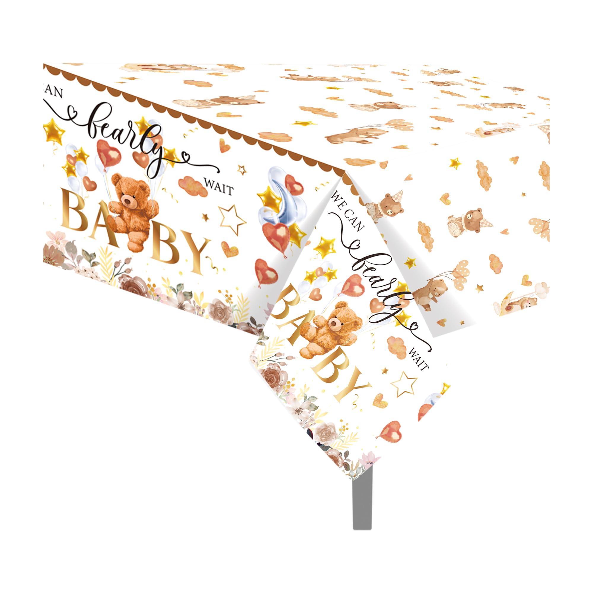 CC HOME 2Pc Teddy Bear Party Plastic Tablecloth 54 x 87 Inch Long Table Cover, Flower Stars Heart Party Tablecover for 1st Birthday Theme Kids Baby Shower Birthday Dinner Picnic Kitchen Event