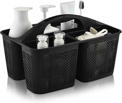 Plastic Black Shower Caddy Basket, Divided Cleaning Portable Shower Basket with Handle Compartments Storage Organizer for Bathroom, College, Kitchen, Dorm Room Essentials