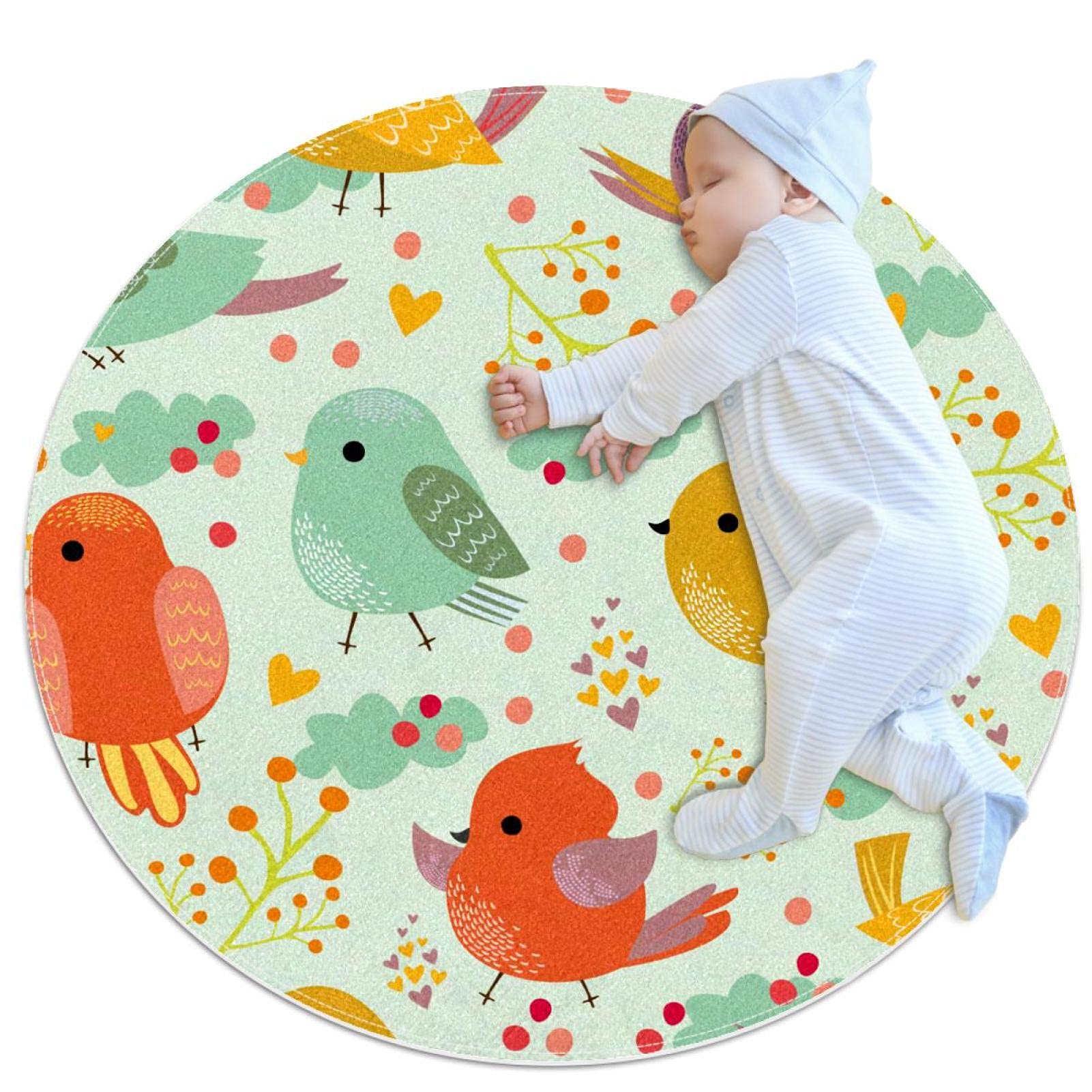 Tapis de salle de bain oiseaux jaune orange antidérapant rond 1m pour chambre