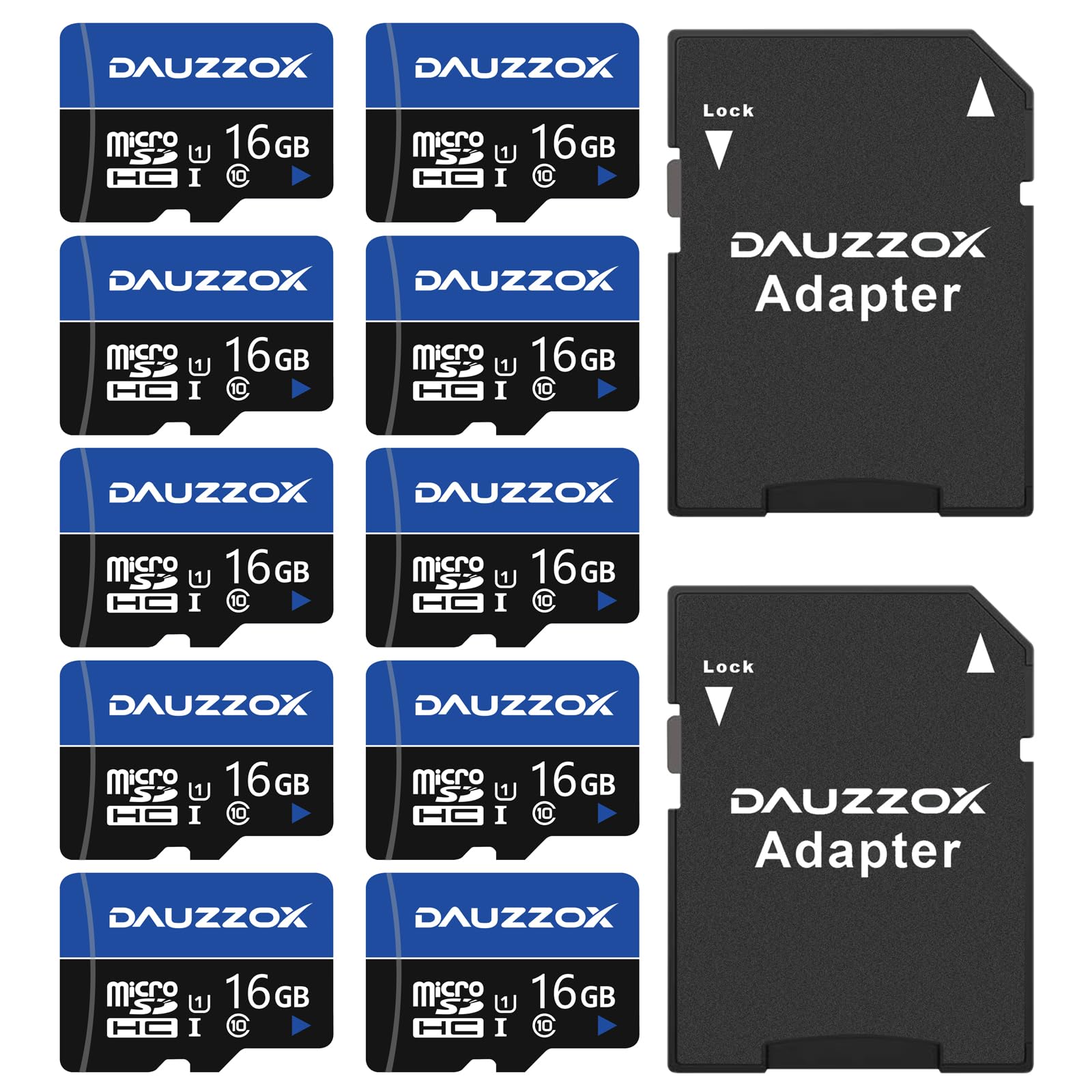 10er-Pack 16 GB Micro SD Karte, DAUZZOX MicroSDHC U1 C10 UHS-I TF Karte, Bis zu 80 MB/s, Speicherkarte Micro SD für Smartphone, Kamera, Überwachungsgeräte, Dash Cam, mit 2 Adapters