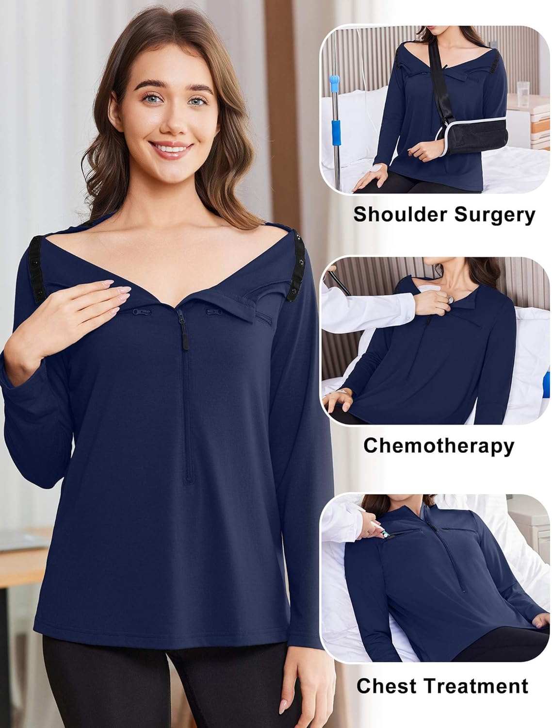 Deyeek Chemo Port Shirts for Women 2 Side Snaps Long Sleeve Shoulder Post Surgery Clothing Dialysis Breast Cancer Shirts - Image 4