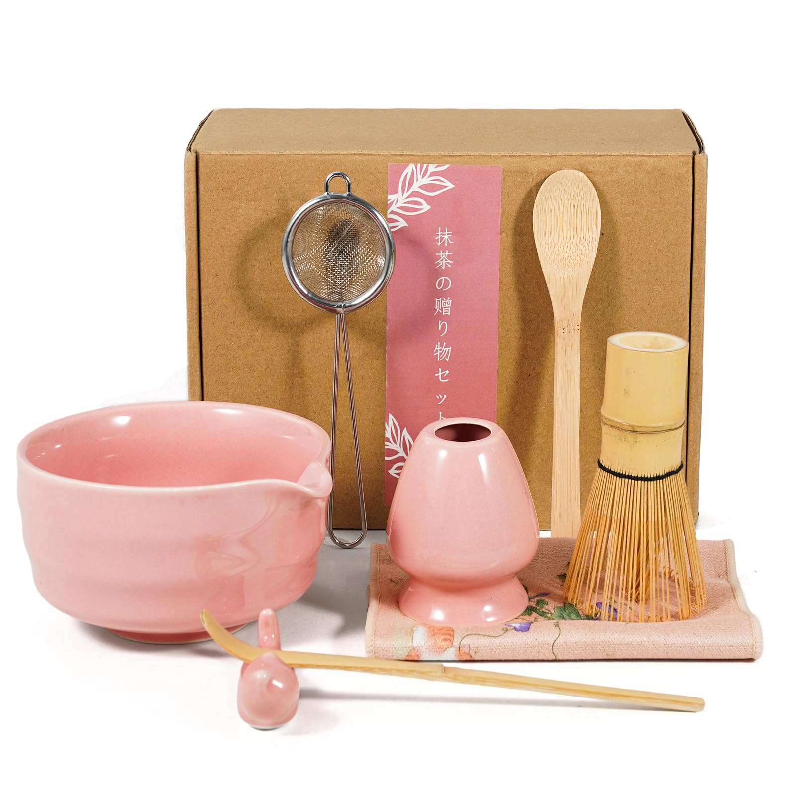 Matinaes Matcha Set Rosa,Matcha Besen Set 8 Piece,Matcha Liebhaber Starter Set-Matcha Schale,Matcha Besen,Matcha Filtersieb,Chasen Und Matcha Löffel,Geschirrtuch Einsatz,Löffelhalter(Pink)