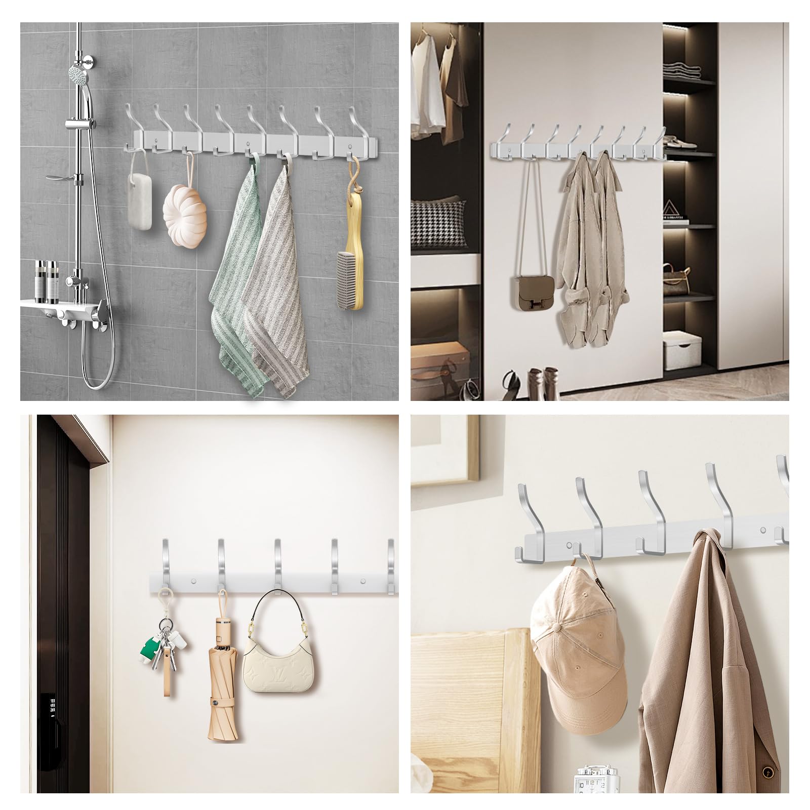 Garderobenhaken Edelstahl, Kleiderhaken Wand Jackenhalter, Schwerlast Garderobenleiste Wandgarderobe Hakenleiste Garderobe Wandhaken (Gebürstete Silber, 8 Haken 2 Stück)