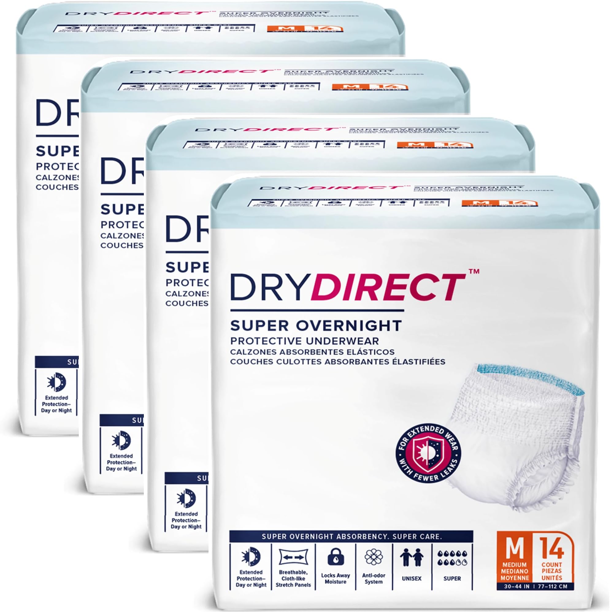 Dry Direct Super Overnight Underwear, Soft Cloth-Like Adult Diapers, Overnight Disposable Incontinence Protection - Medium (Case of 56)
