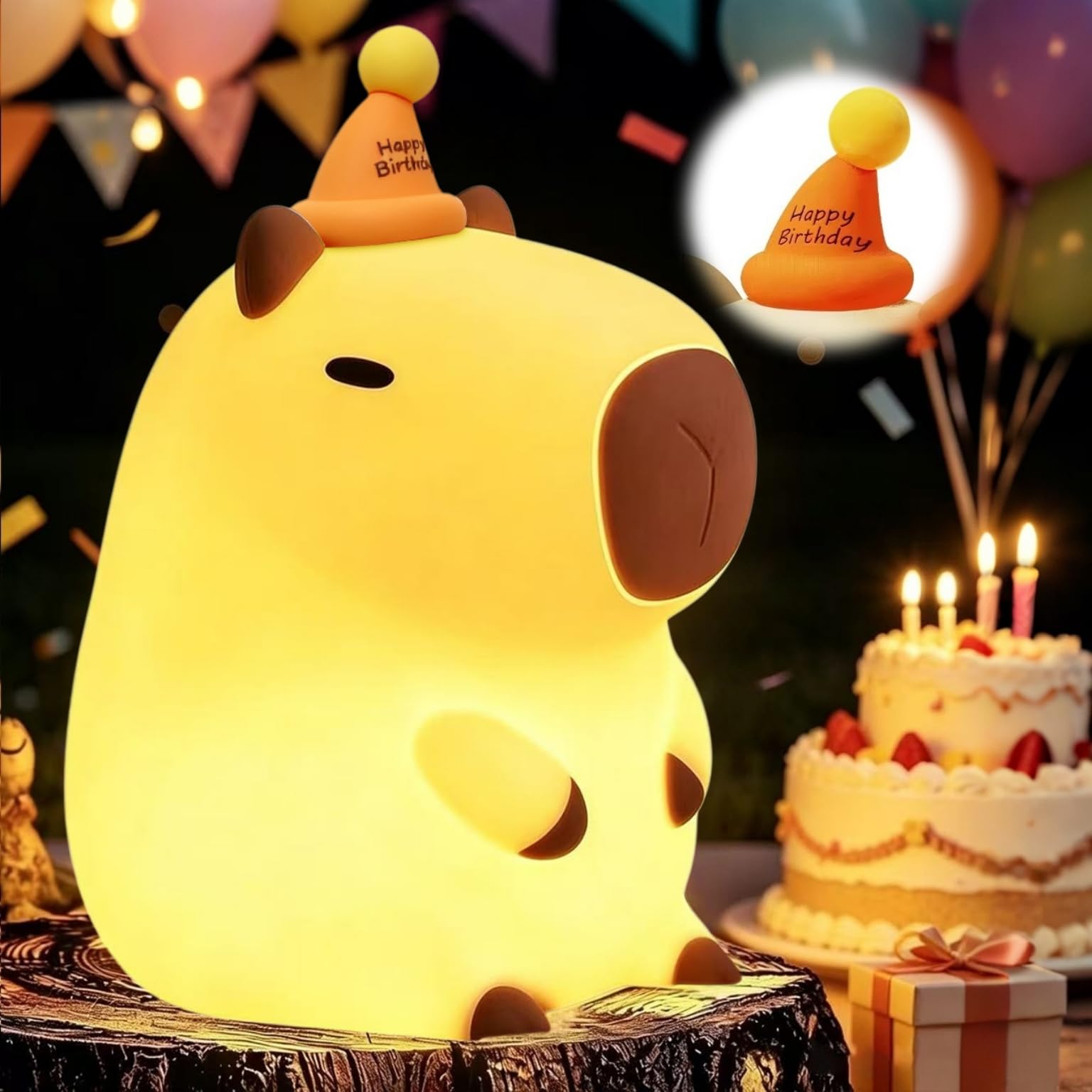 YR YRHH-PET Capybara Birthday Gifts Night Light, Squishy Cute Lamp, Fun Toy | Happy Birthday Hat Decorations, Rechargeable Dimmable Silicone Bedside Lamp, Kids Animal LED Touch Nightlight Capibara Stuff