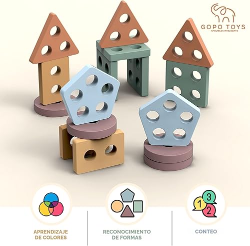 Miniatura 7 de GOPO TOYS Juguetes Montessori para niños de 1 año - Clasificador de formas de madera y rompecabezas apilables - Aprendizaje de niños pequeños,