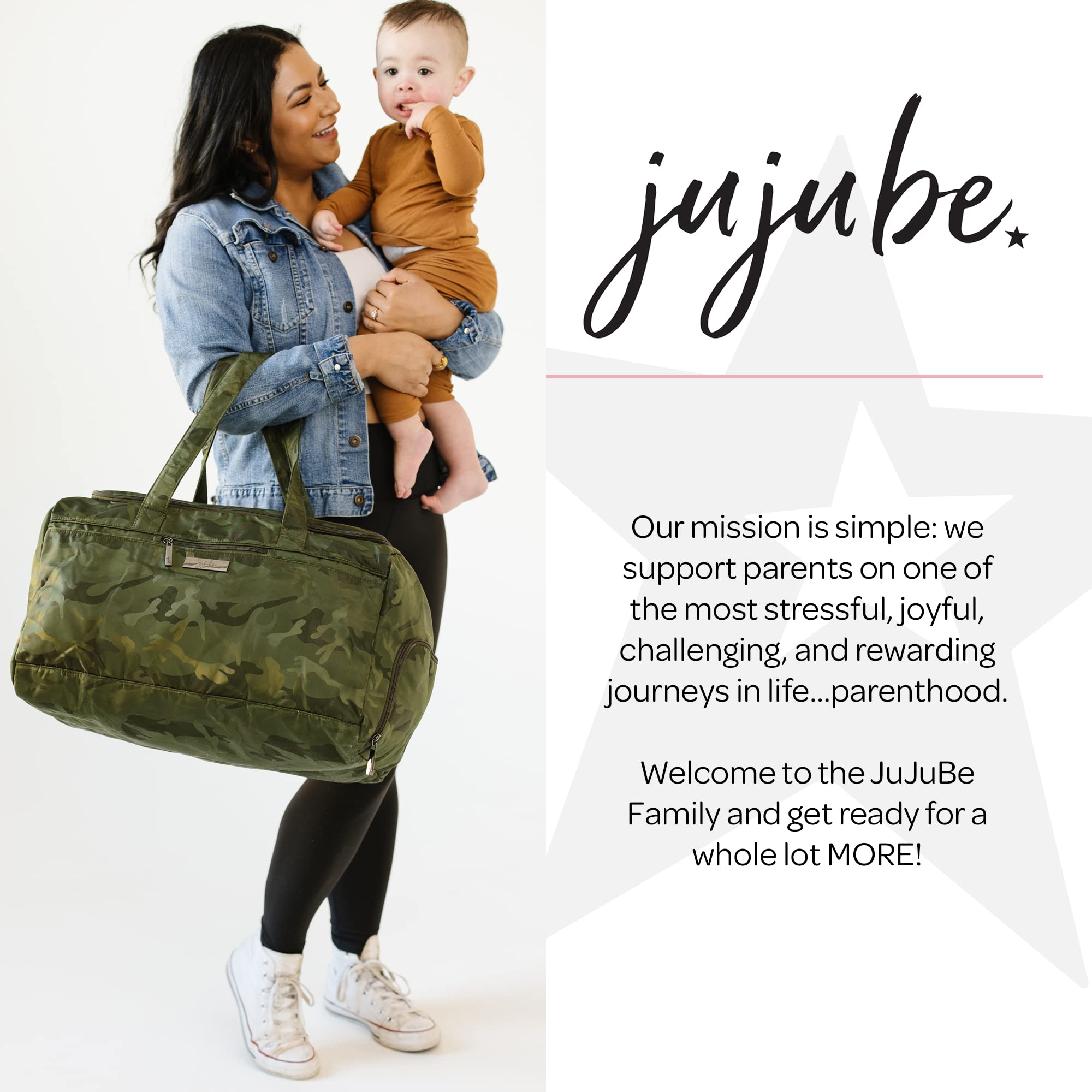 JuJuBeSuper Star, Weekender Diaper Bag, Zippered Overnight Travel Duffel  Bag with Baby Changing Pad, Shoe Compartment, Tote Bag Shoulder Straps, Camo
