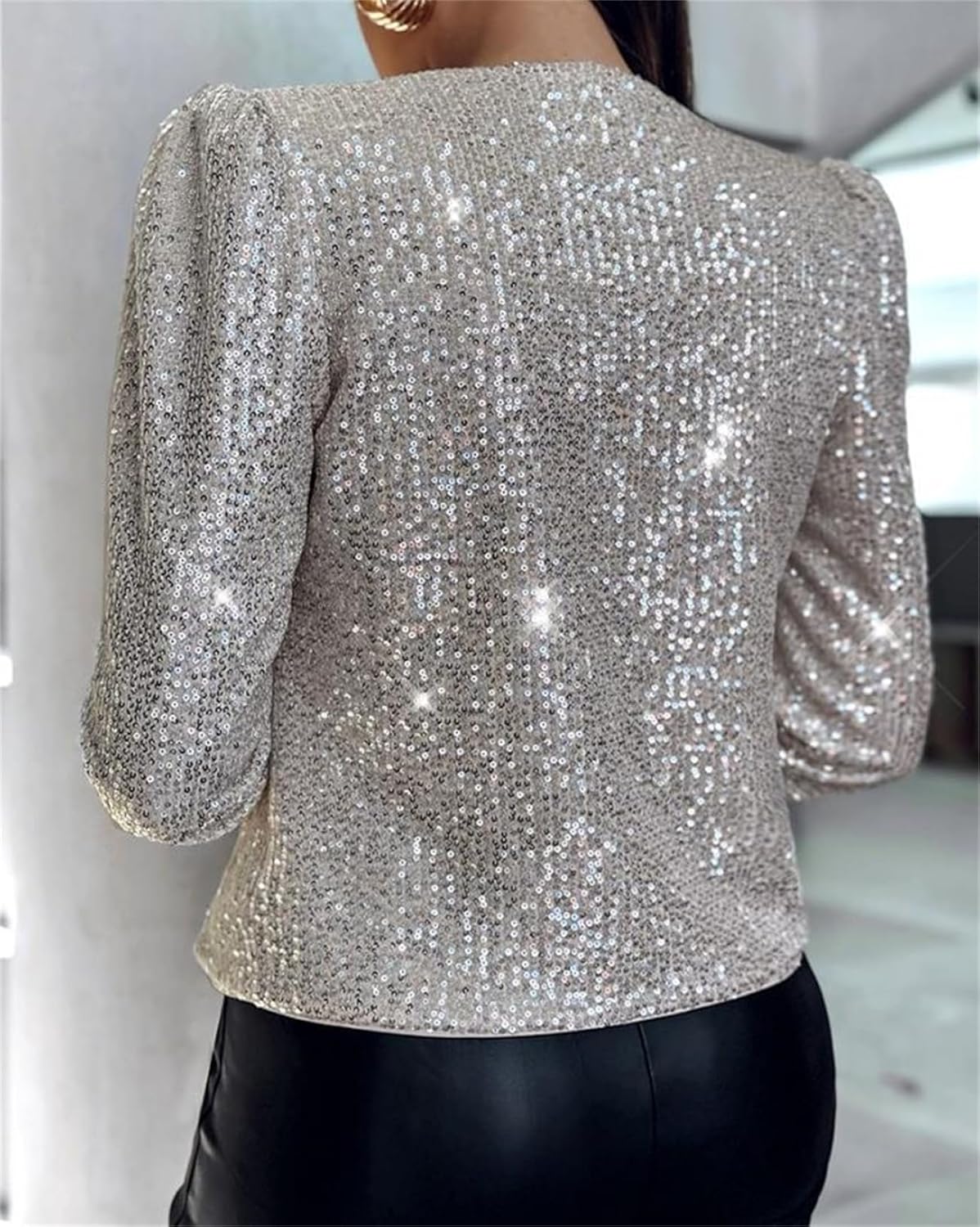 Women's Sequin Shrug Cardigan Open Front Collarless Christmas Glitter Sparkly Blazer Jacket Sliver - Image 3