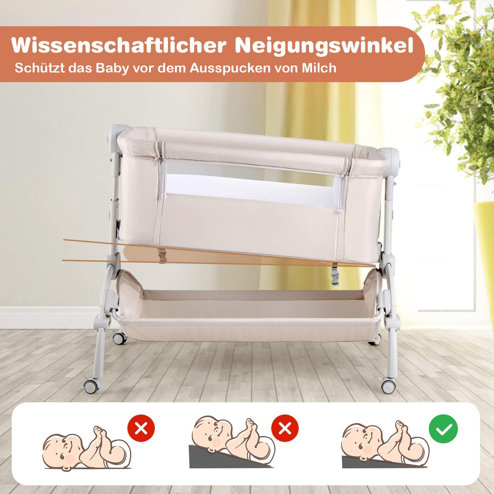 COSTWAY 3 in 1 Beistellbett & Babywiege & Reisebett, 5-stufig Höhenverstellbares Babybett, neigbar, Kinderbett inkl. Matratze, Tragetasche, Stubenwagen für Babys bis 9kg belastbar (Beige)