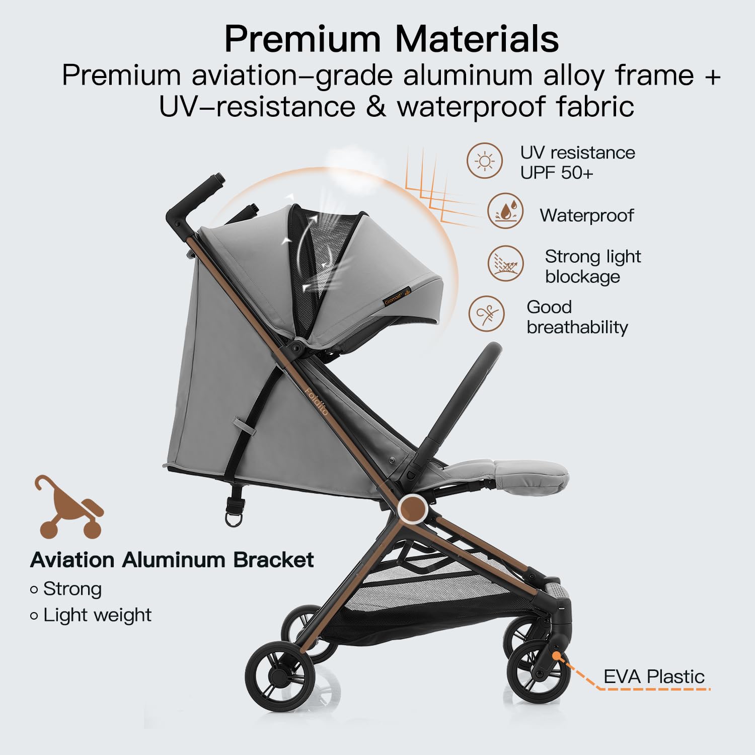 Gromast Passeggino da viaggio per aereo, ultra compatto e leggero, solo 4,5 kg, passeggino portatile per neonati, con tettuccio UPF 50+ e portabicchieri, grigio
