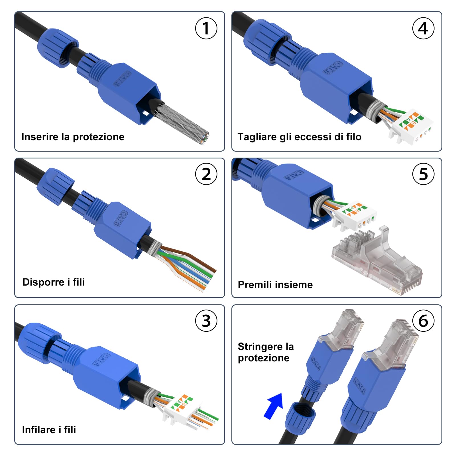 VCELINK Cat6 Connettori RJ45 Senza Attrezzi, 1000Mbps/250MHz, UTP Plug Ethernet Placcato Oro Riutilizzabili per Router, Switch, Modem, PC, Facili da Installare, Blu, 4 Pezzi