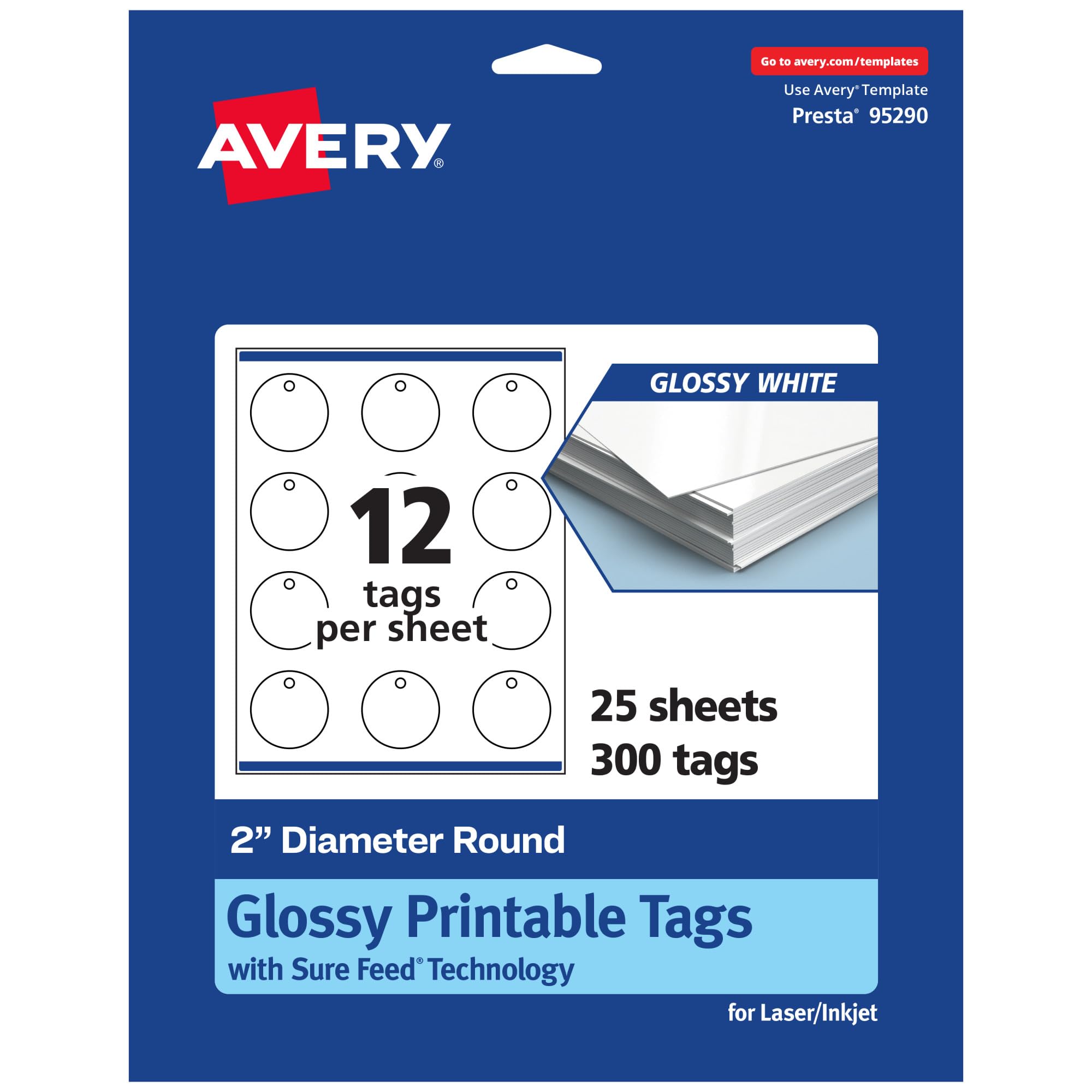 Avery Printable Round Tags, Sure Feed Technology, 2" Diameter, Glossy White Cardstock, Print-To-The-Edge, Laser/Inkjet Printable, 300 Total, Great for