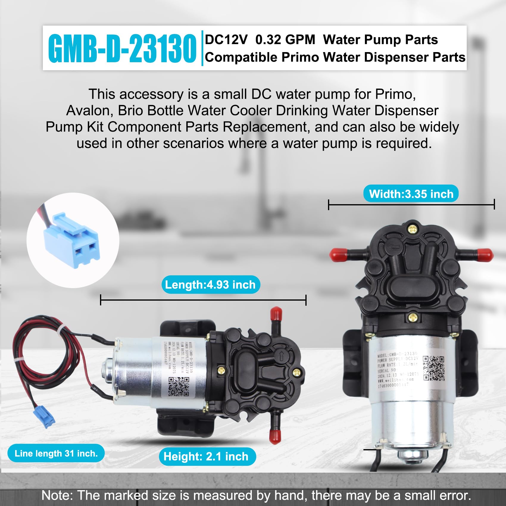 GMB-D-23130 Wasserpumpe, DC 12V, 0,32 GPM, kompatible Primo Wasserspenderteile, Avalon Wasserspenderteile, Brio Flasche Wasserkühler Wasserspender Teile Ersatz