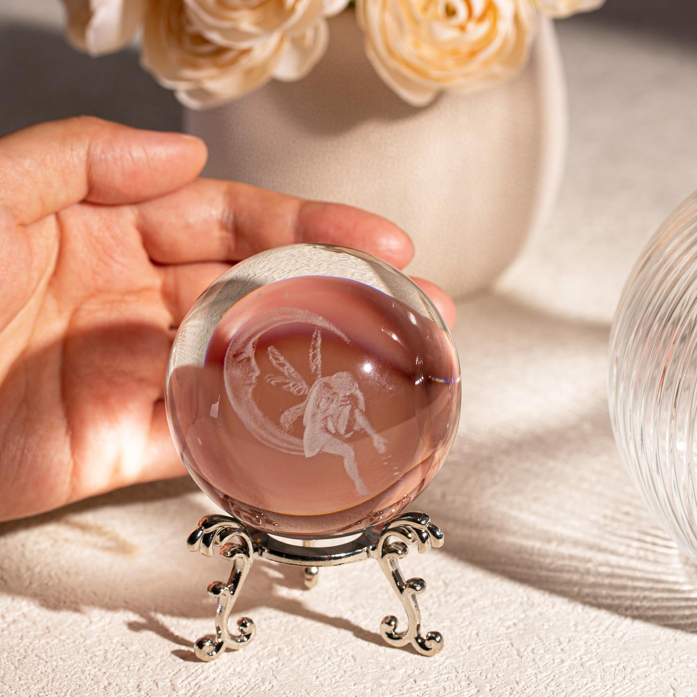 SAHOOTTIE 60mm 3D Moon Fairy Crystal Ball Fairy Glass Ball Paperweight Fairys Ornaments for Living Room Tinkerbell Gifts Fairy Figurines Gifts for Women - Image 4