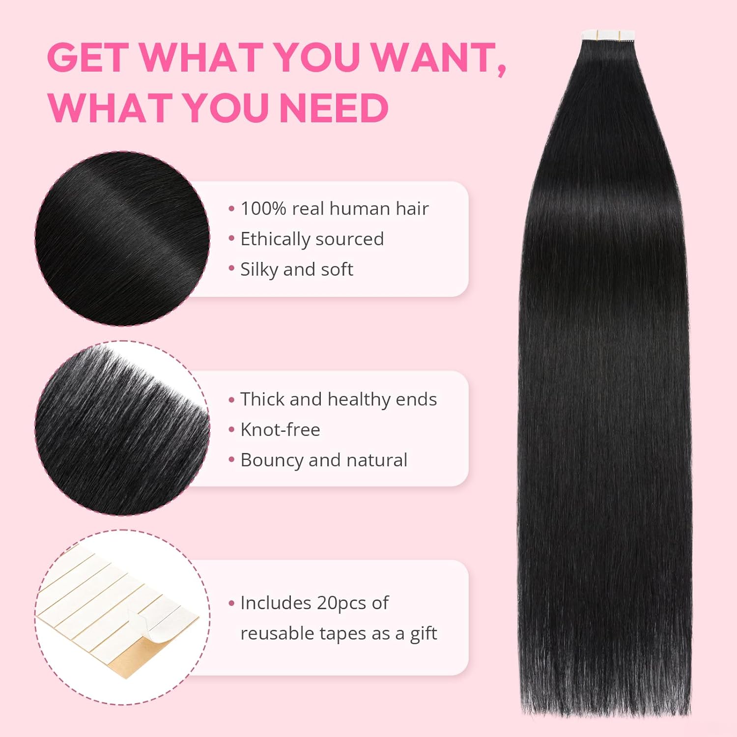Jet Black Tape in Hair Extensions Human Hair 20pcs 40g - Double Stitched Adhesive Real Human Hair Extensions - Invisible Tape ins Human Hair Extensions - 14 Inches 01#