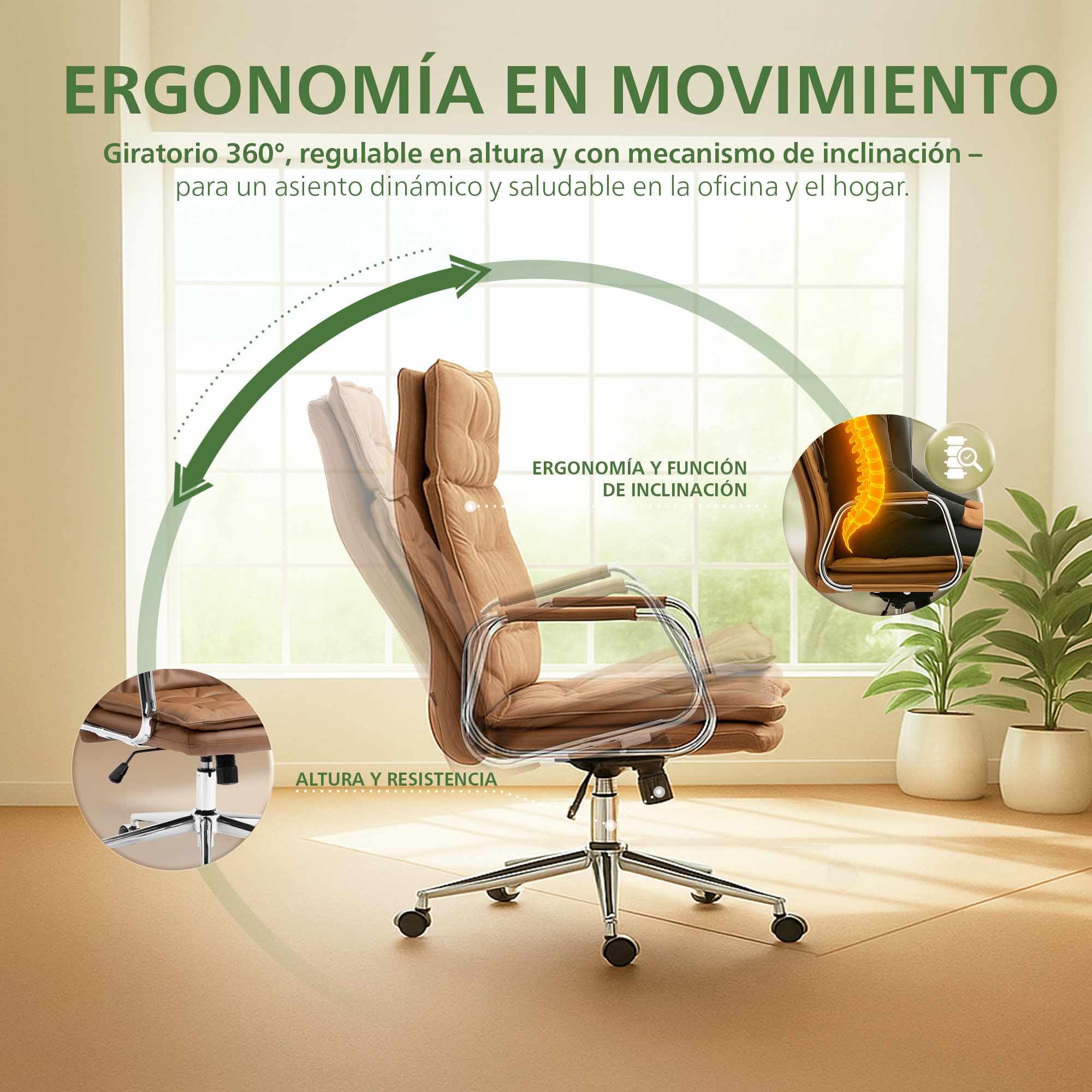 CLP Silla de Oficina ergonómica de Cuero Sotira, Ajustable en Altura sin escalonamientos y giratoria 360°, Silla giratoria con Ruedas Suaves, Color:marrón Claro