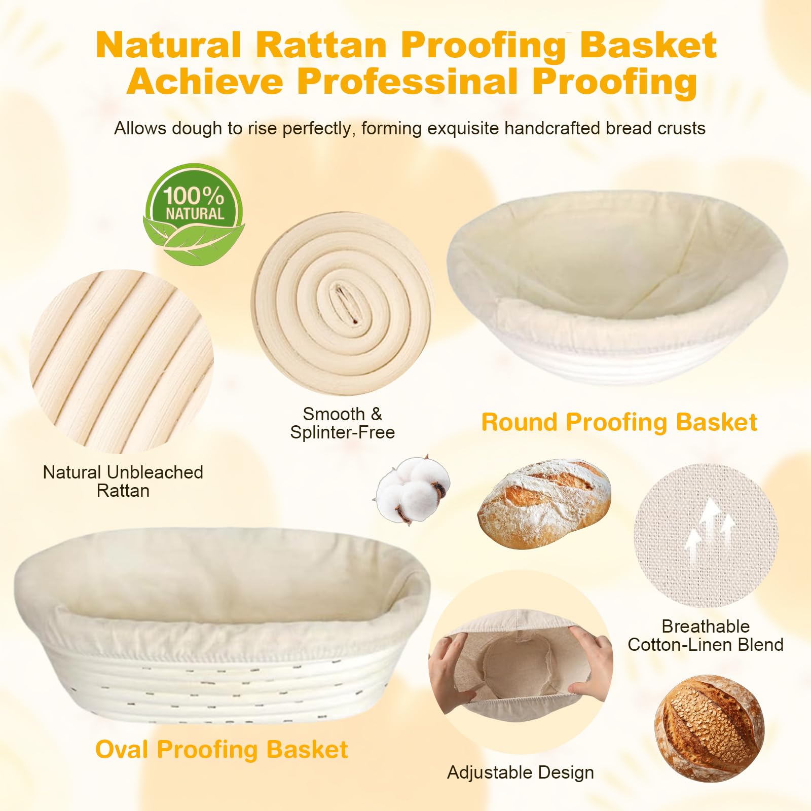 Cesta de Fermentación para Pan 25cm Ovalado & 23cm Redonda, 14 Piezas Kit Completo de Panadero, Banetones de Caña Natural, Cesta para Pan de Masa Madre para Principiantes y Experimentados