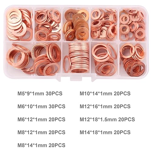 Miniatura 2 de Kinstecks Juego surtido de arandelas de cobre de 200 piezas, arandelas de sellado métricas de cobre, junta de arandela plana de cobre, M5 M6 M8 M10