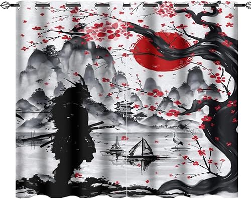 Cortinas opacas retro japonesas para oscurecer la habitación con ojales, tinta de acuarela, samurái, sol rojo, montaña, cerezo, flores, eficiencia
